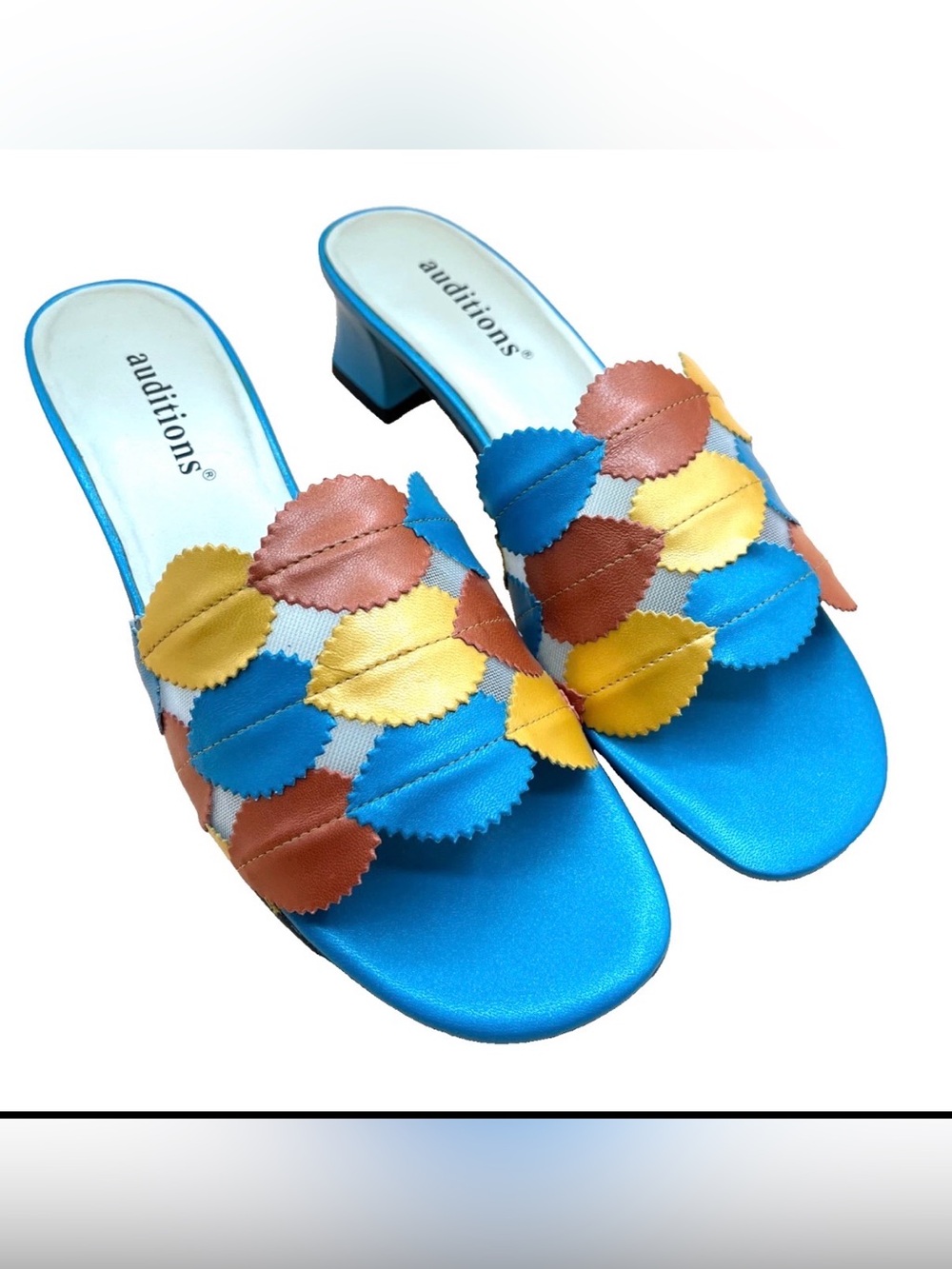 NEW-Auditions Sandals Blue Yellow Brown Patchwork Leather Women’s 8M Block Heel